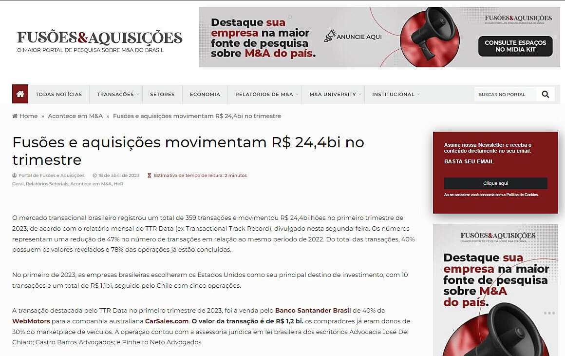 Fuses e aquisies movimentam R$ 24,4bi no trimestre